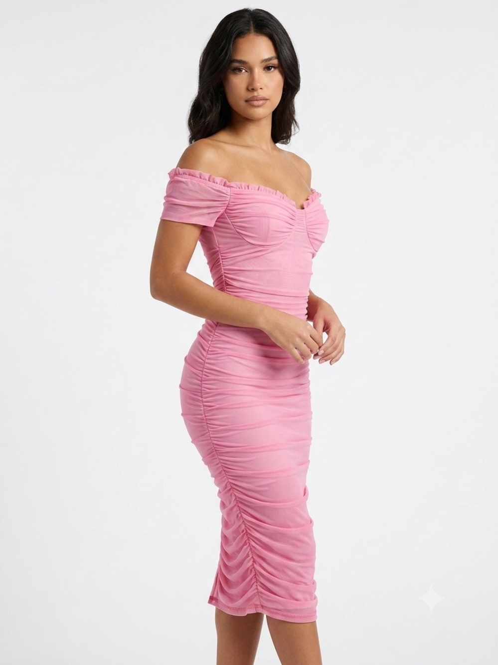 Privy Pink Off-Shoulder Ruched Bodycon Mesh Midi Dress Size Small